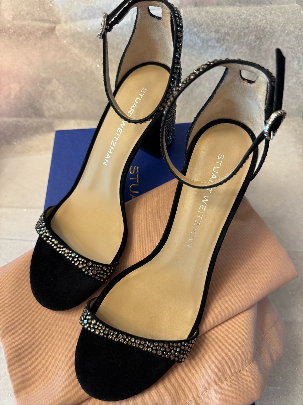 Stuart Weitzman Black Crystal-Trim Suede Ankle-Strap Heels